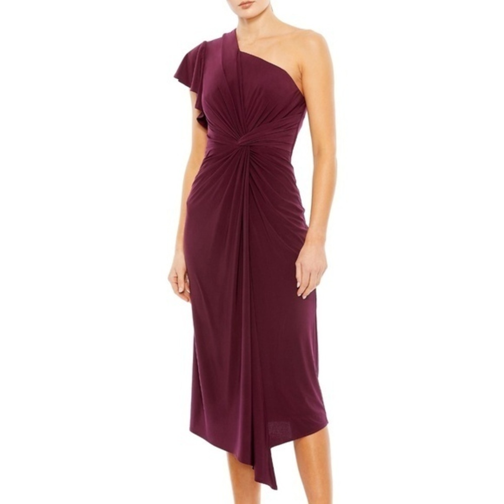 Mac Duggal One-Shoulder Midi Dress in Wine